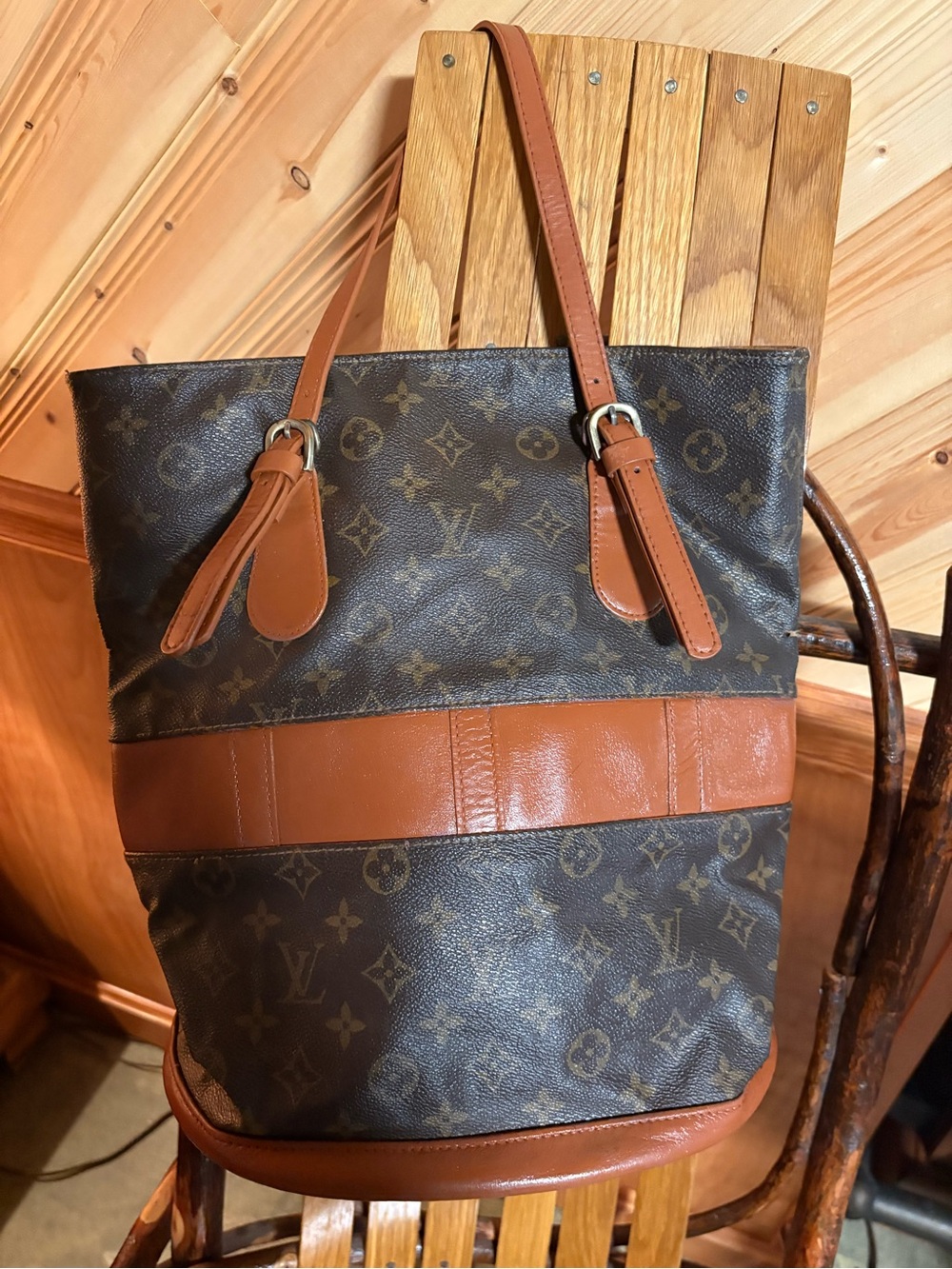 Louis Vuitton Monogram French Company Bucket Tan Tote Bag PM AUTHENTIC VINTAGE